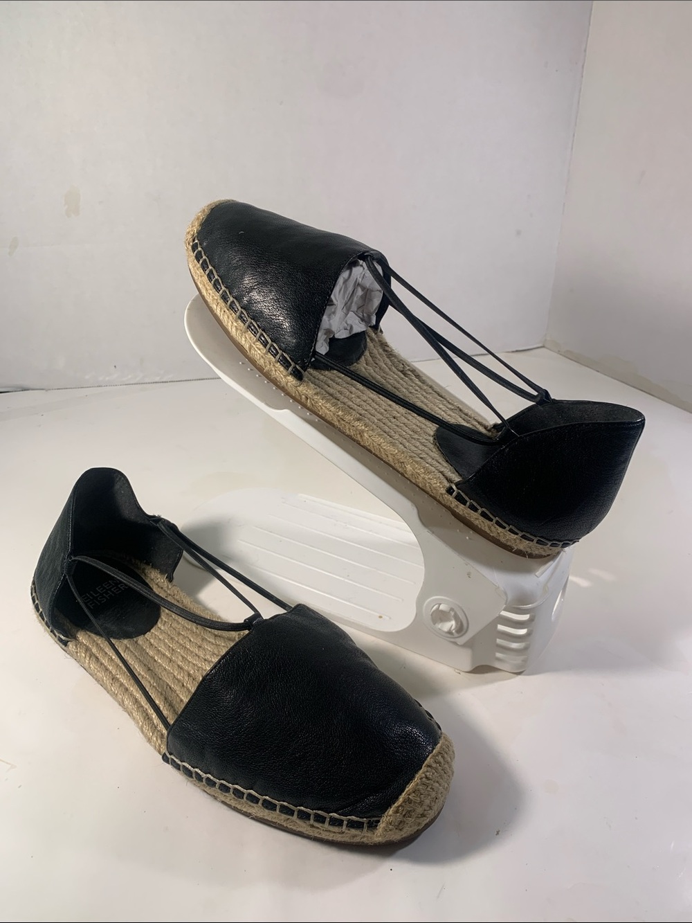 Eileen Fisher Womens Lee Washed Black Leather Espadrille Flats with Lace Straps